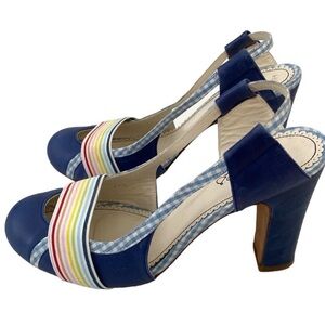 Maloles Anthropologie Blue Leather Checked
Striped Fabric Sling-Back Pump Heels